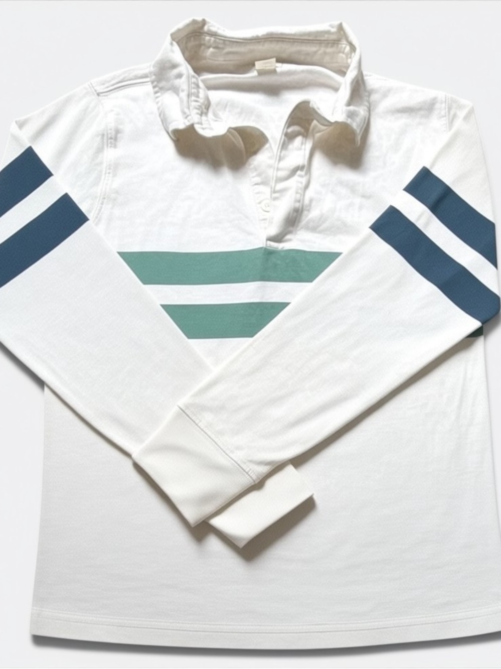 Crewcuts Boys Rugby Shirt L 10-11White Blue Green Stripe Long Sleeve Cotton Polo